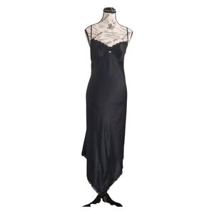 Vintage Y2K Black Satin Asymmetrical Slip Dress with Lace Trim Size Medium